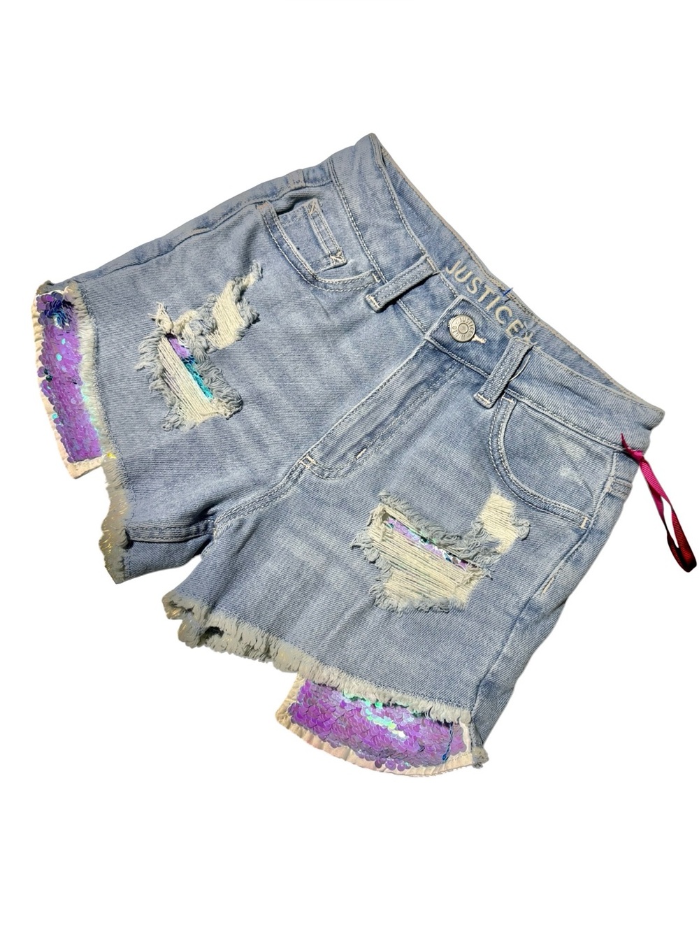Justice Light Blue Distressed Denim Shorts -Purple Sequin Outer pockets|Girls 12